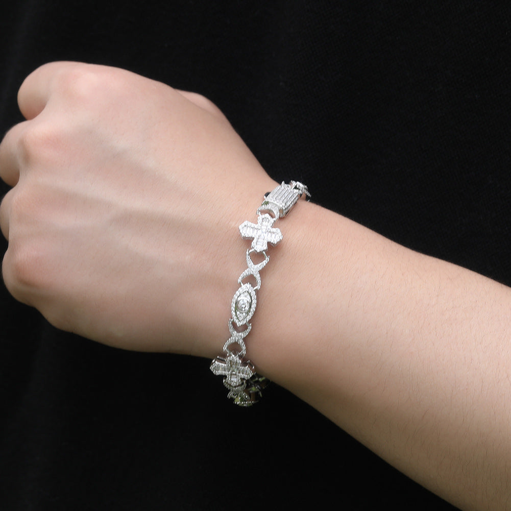 Hip-Hop Bracelet: Copper-Inlaid Zircon "Eye & Cross" Design