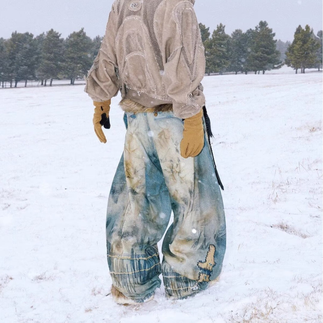 "Random Stitch" Embroidered & Distressed "Scythe" Cut Denim Jeans