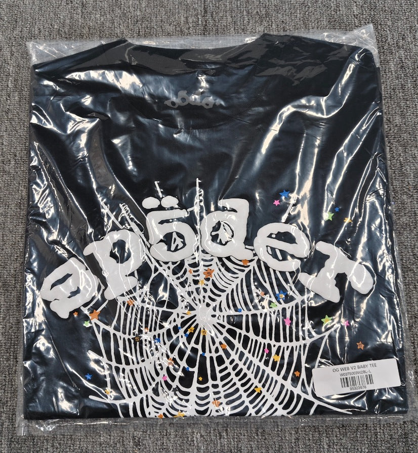 Hip-hop SP5der loose-fitting spider web T-shirt with lettering