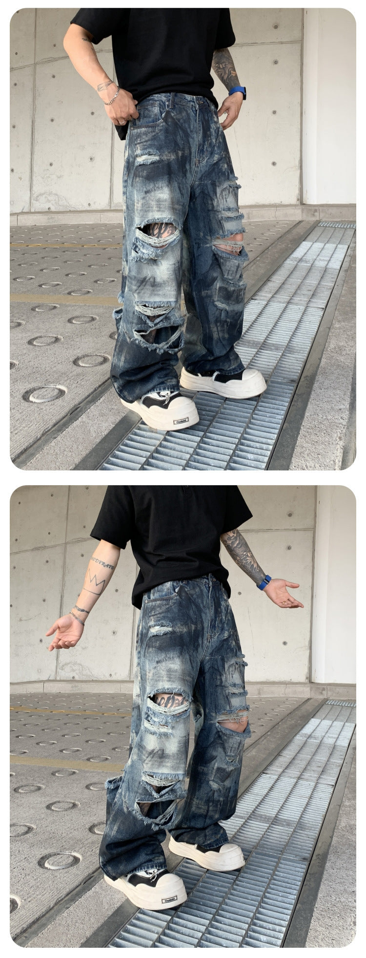 Wasteland-Style Distressed Loose-Fit Scythe Cut Jeans