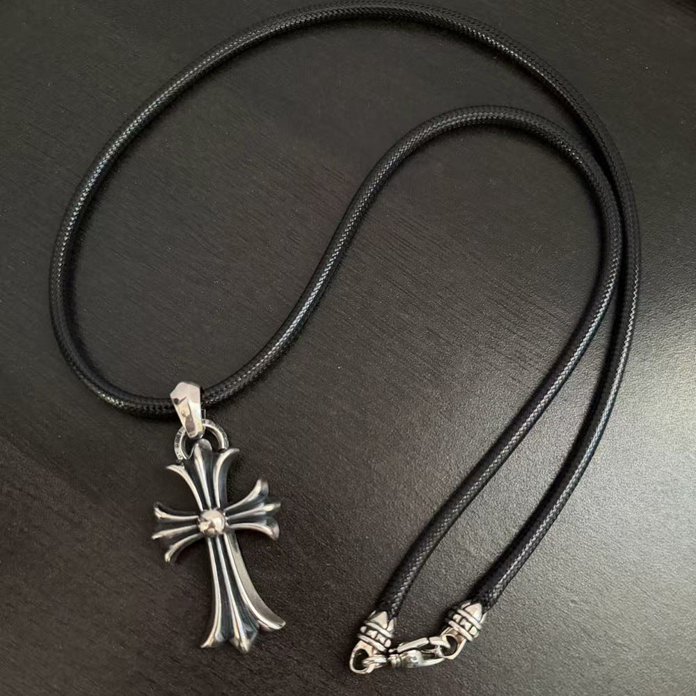 Chrome Hearts Dark Style Anchor and Cross Leather Cord Necklace