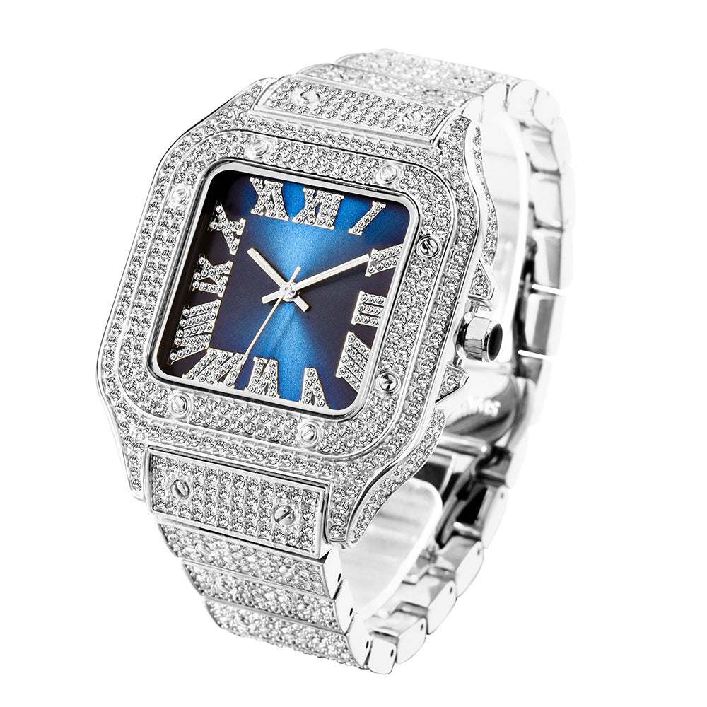 Roman Dial Marker High-End Hip Hop Style Diamond-Studded Square Watch