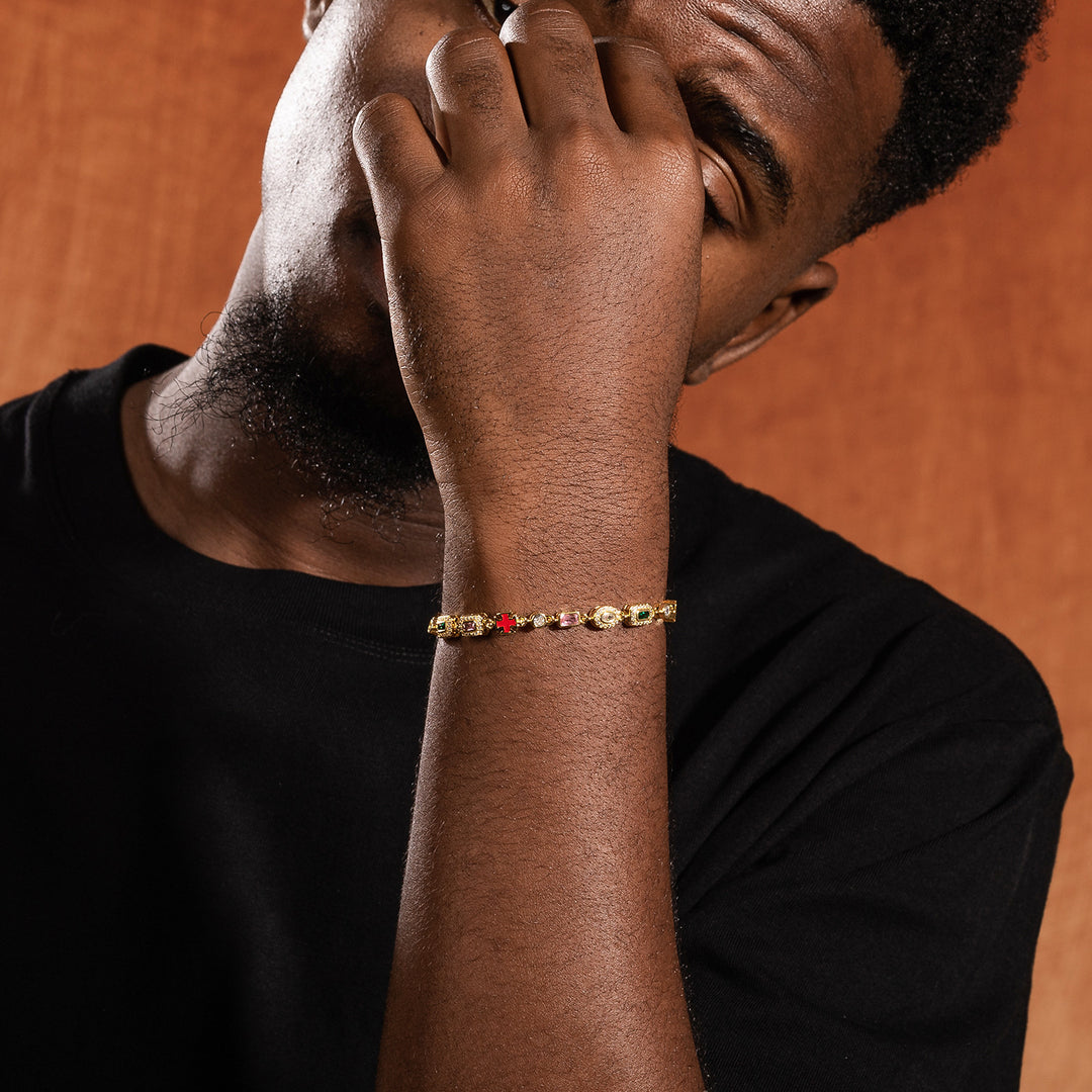 Hip-Hop Diamond-Encrusted 6mm Colored Gemstone Bracelet