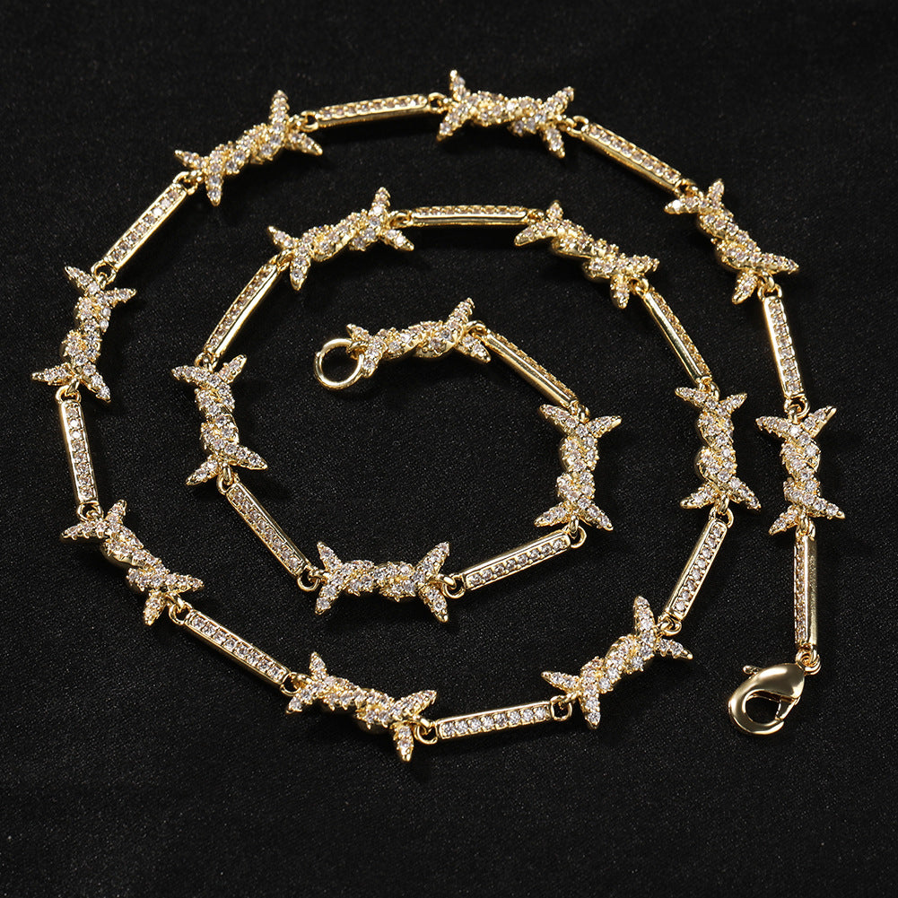 Hiphop zircon-encrusted barbed wire necklace