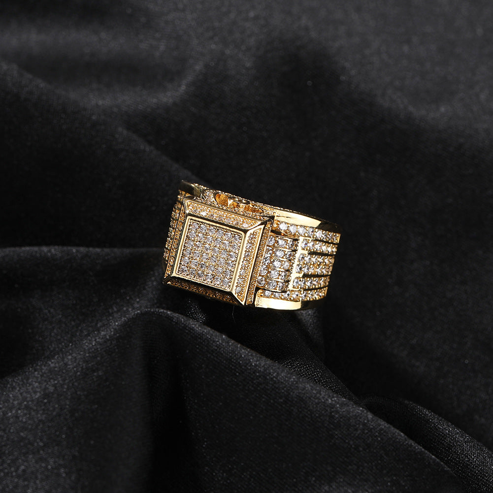 Hip-hop square diamond-encrusted couple ring
