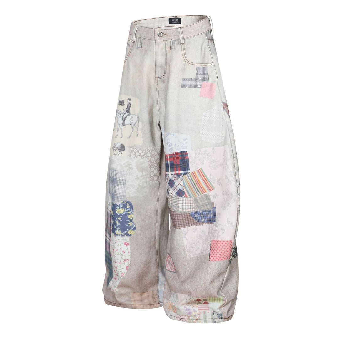 Patchwork Print Curved Blade Loose Fit Jeans