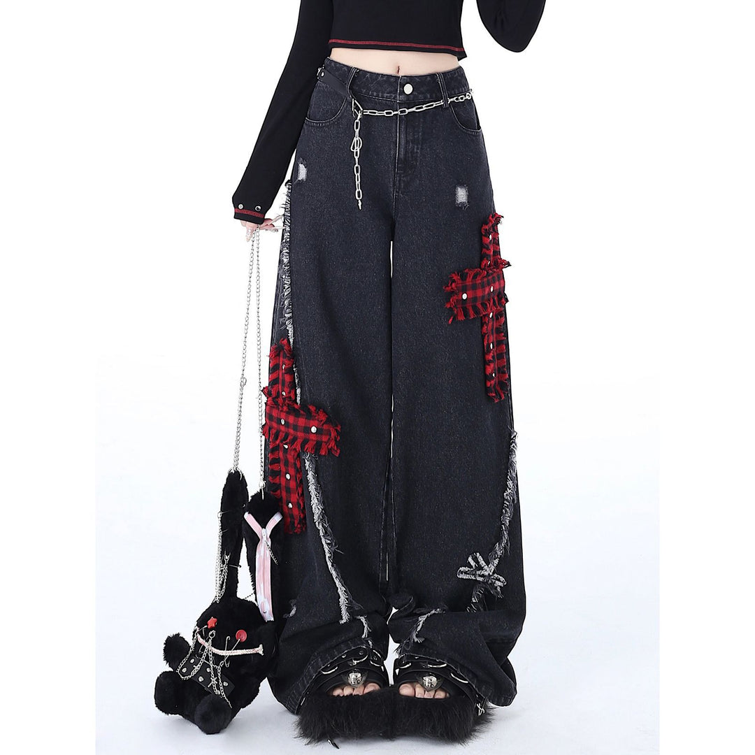 Rock-Punk Distressed Straight-Leg Wide-Leg Jeans