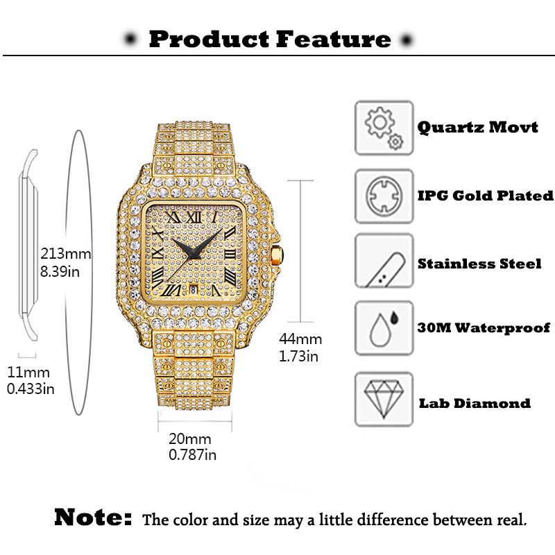 Hip-Hop Square Quartz Watch with Full Diamonds and Roman Markers