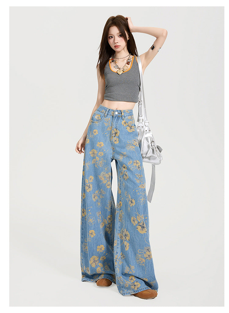 Y2K Floral Print Loose-Fit Flared Denim Trousers