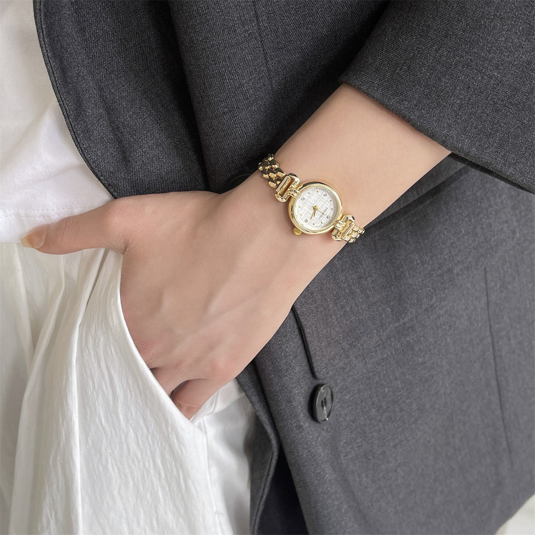 Round Dial Watch with Crystal Accents and Narrow Band