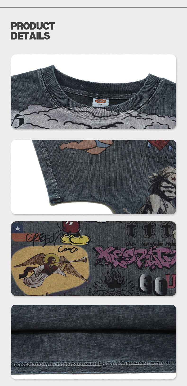 Vintage-Style All-Over Cartoon Print T-Shirt Washed & Distressed