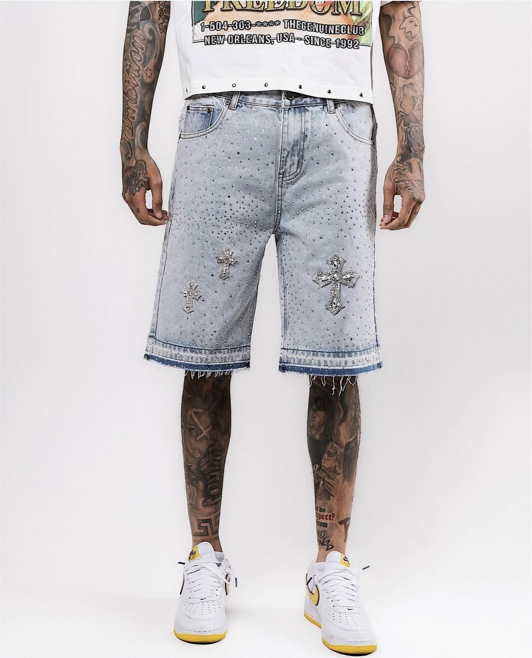 Hot-rhine cross five-point washed denim shorts