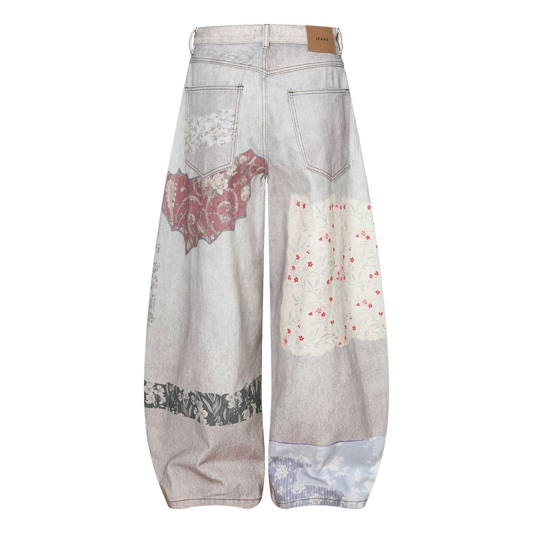 Patchwork Print Curved Blade Loose Fit Jeans