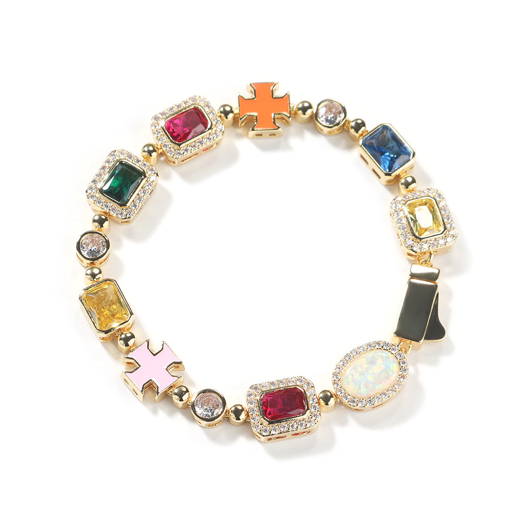 Hip-hop diamond-encrusted multicolored gemstone necklace