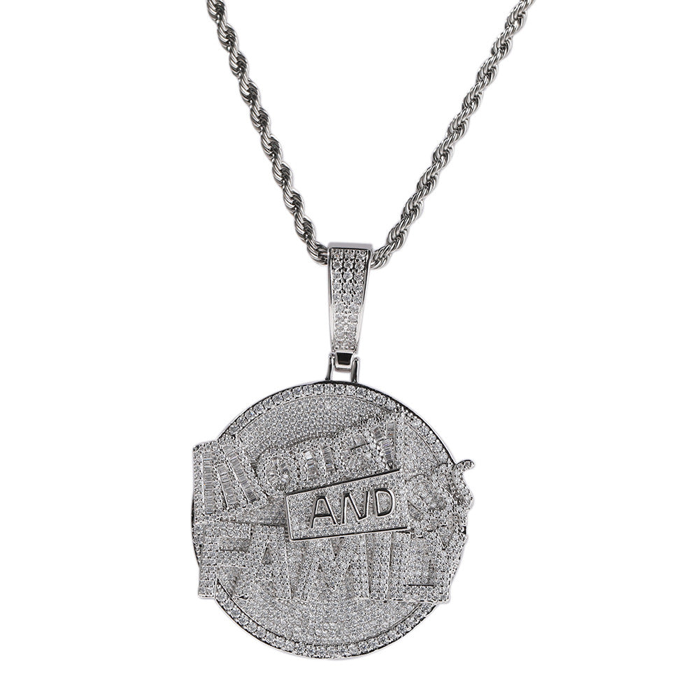"Money and Family" letter pendant round disc necklace