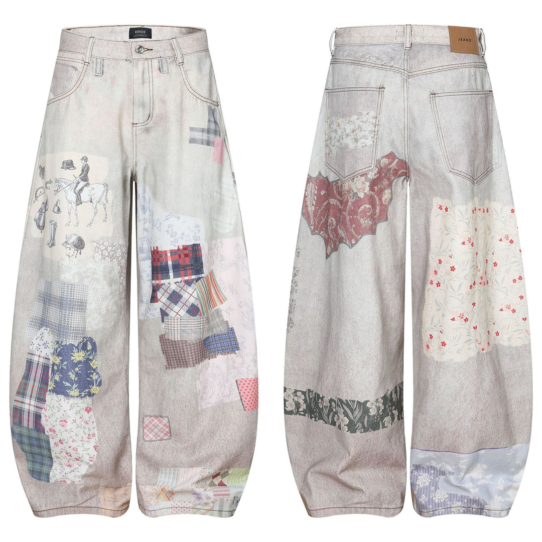 Patchwork Print Curved Blade Loose Fit Jeans