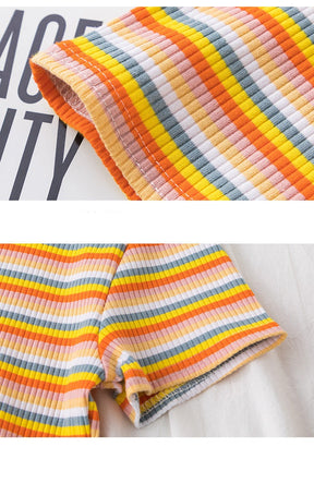 Women's short navel-baring rainbow striped tight T-shirt