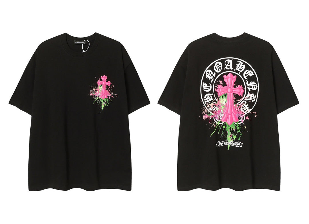 Chrome Heart horseshoe Sanskrit cross fluorescent wings T-shirt