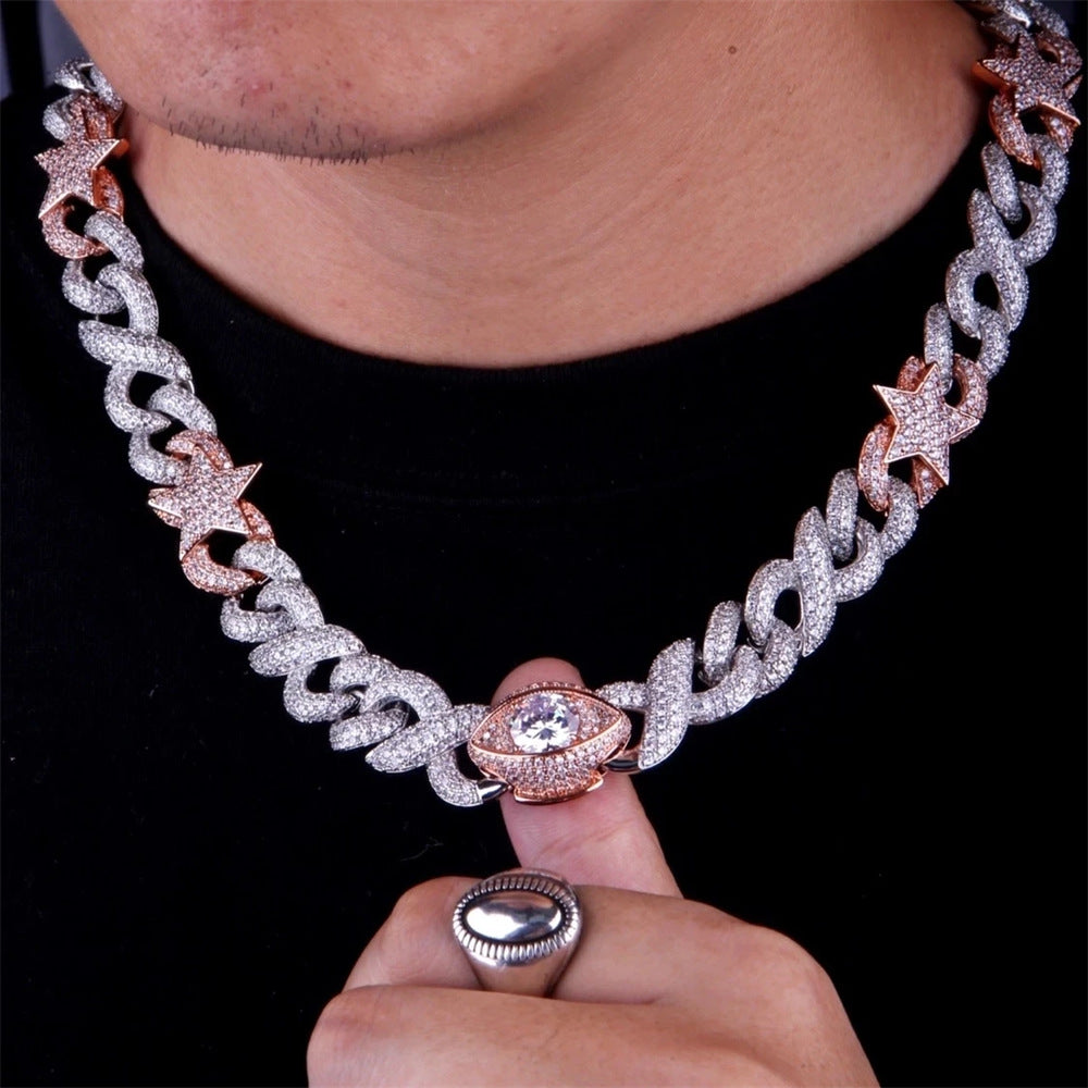 Hip-hop figure-eight Cuban chain two-tone star and eye pendant