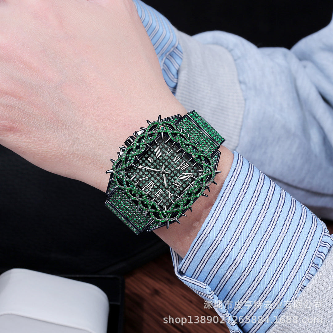 Square spiky dial, full diamond quartz watch