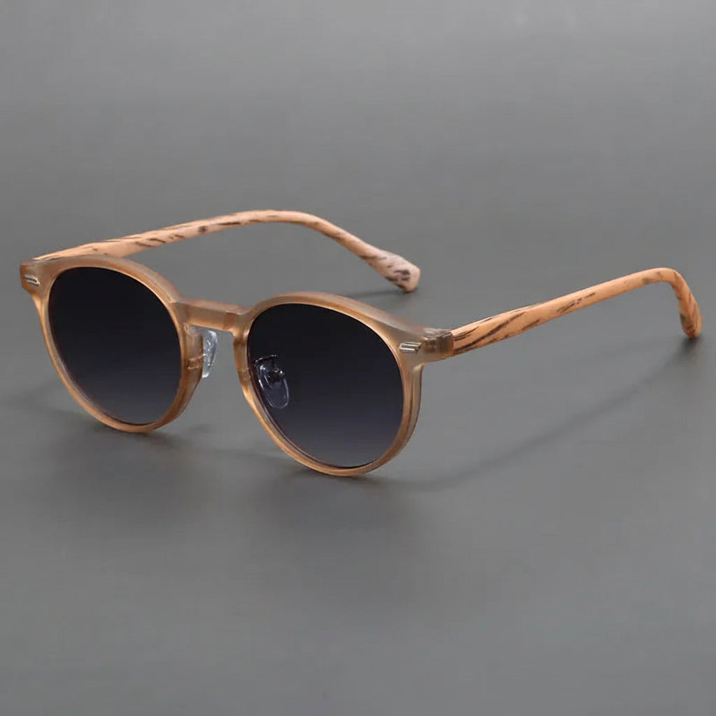 Frosted round frame sunglasses with fake wood frames
