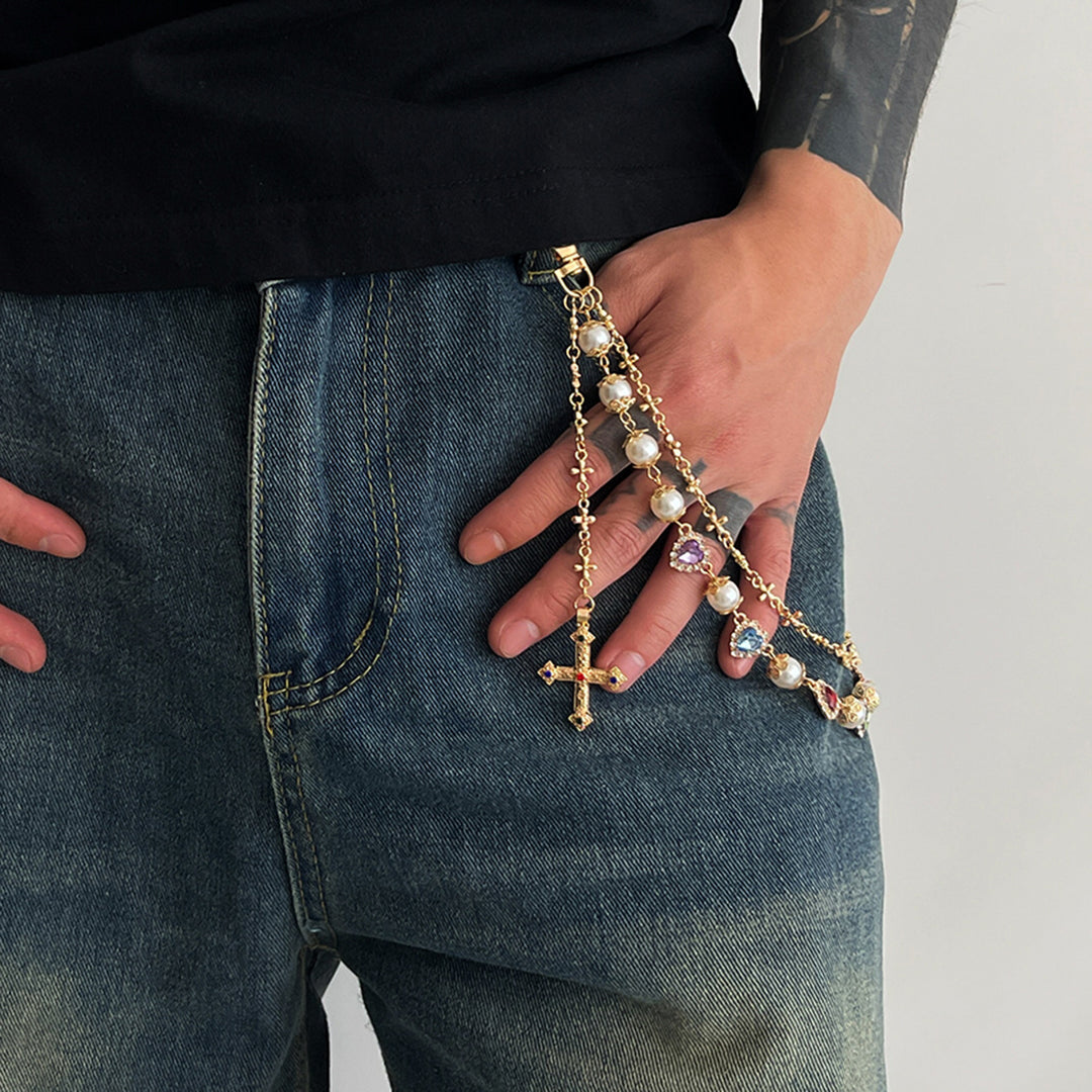 Pearl, Multi-Gemstone, Cross & Floral Pant Chain