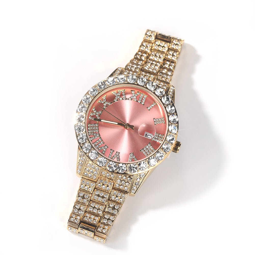 Hip-hop watch with Roman numerals and diamonds, large dial