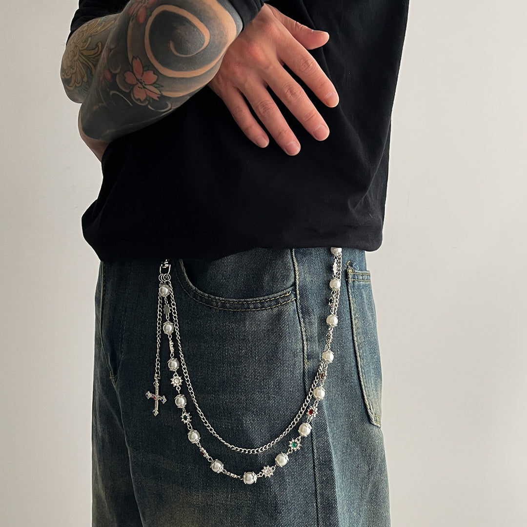 Pearl, Multi-Gemstone, Cross & Floral Pant Chain