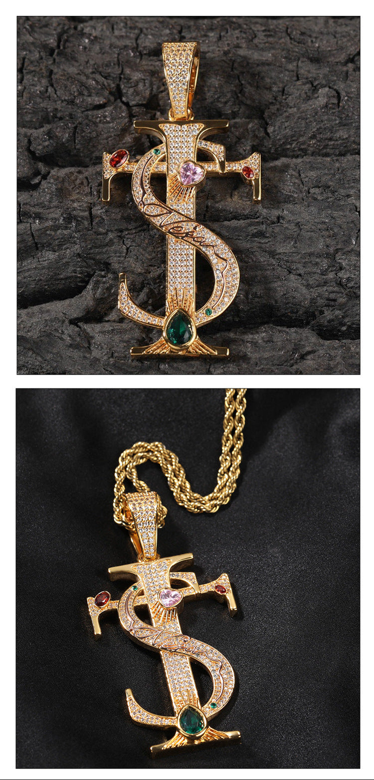 Hip-hop colored zircon TS cross necklace