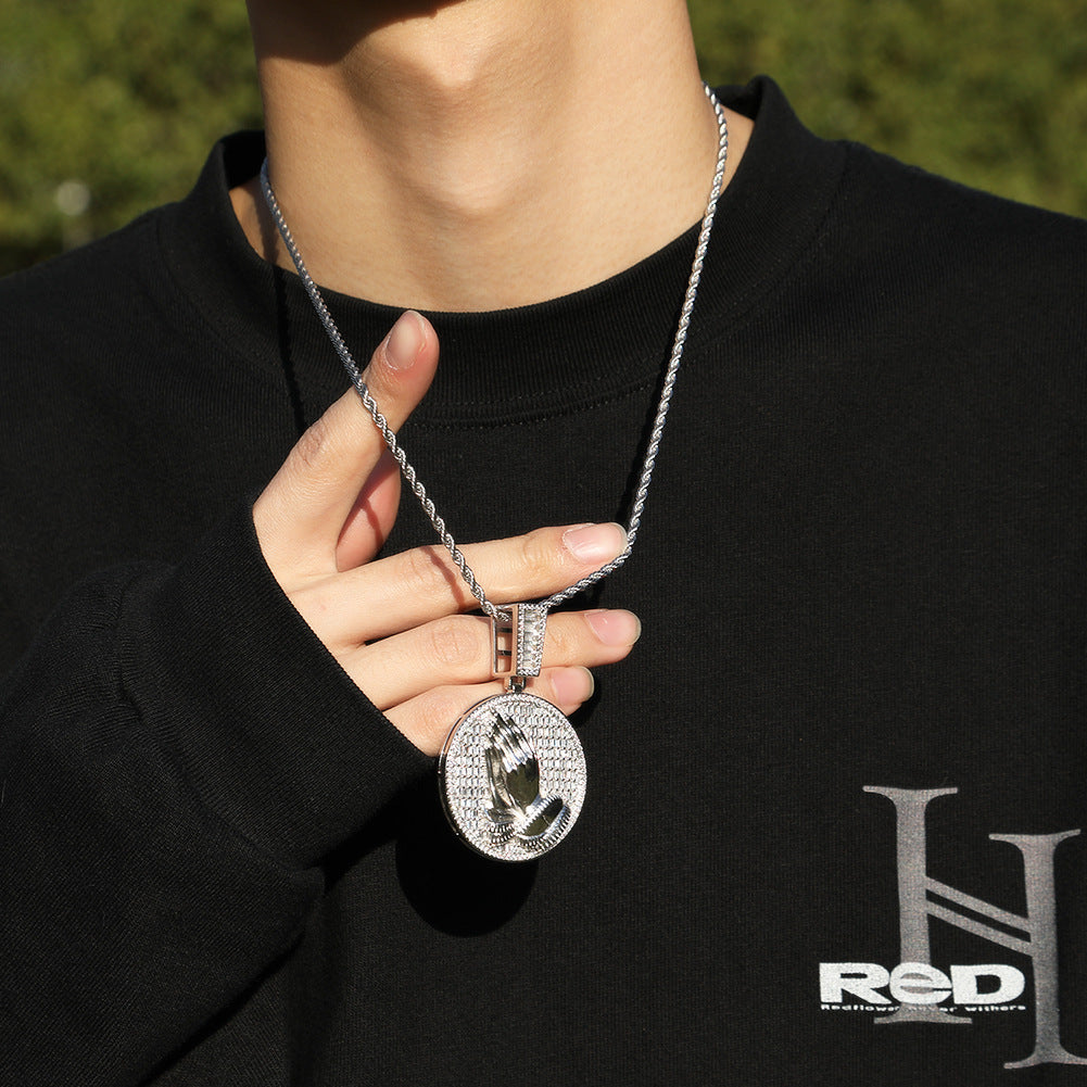 Hip-hop round disc zircon-encrusted praying hands pendant