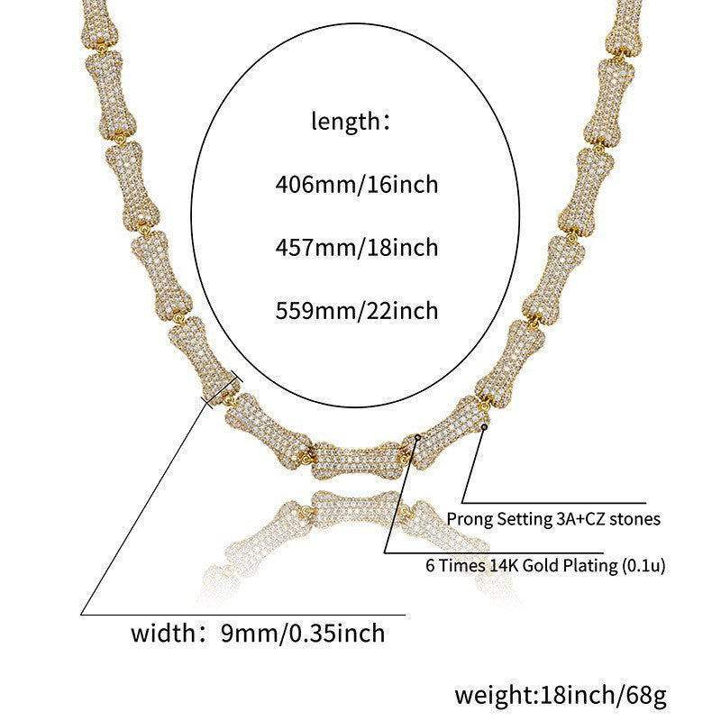 9mm Full Zircon Hip Hop Bone Necklace