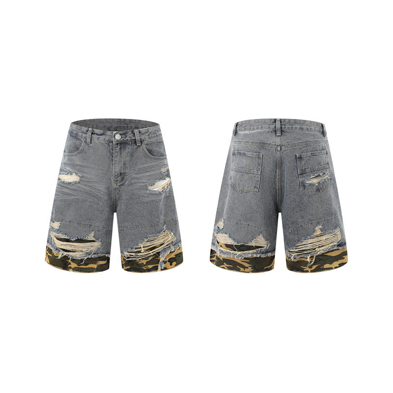 Raw-Hem Leopard-Print Patchwork Denim Shirt & Shorts Set