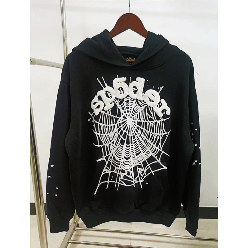 Sp5der fleece-lined hoodie with spiderweb print.