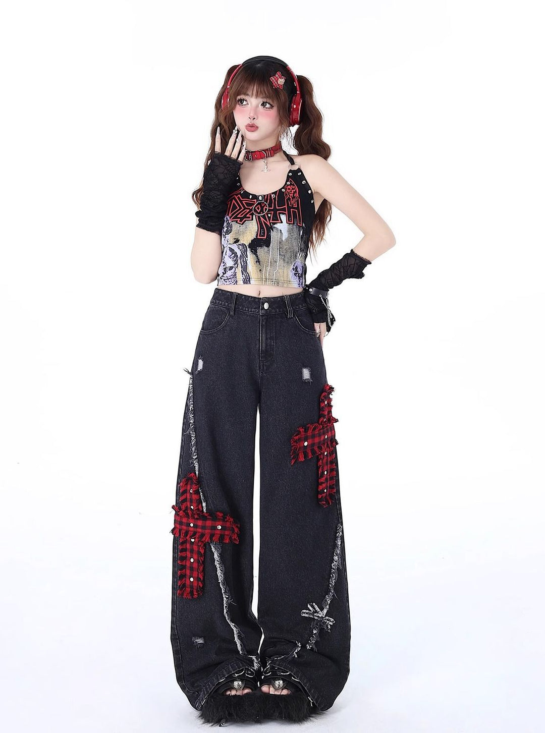 Rock-Punk Distressed Straight-Leg Wide-Leg Jeans