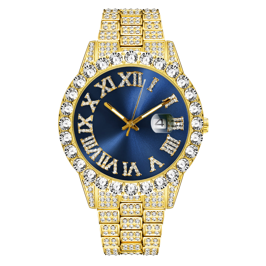 Hip-hop watch with Roman numerals and diamonds, large dial