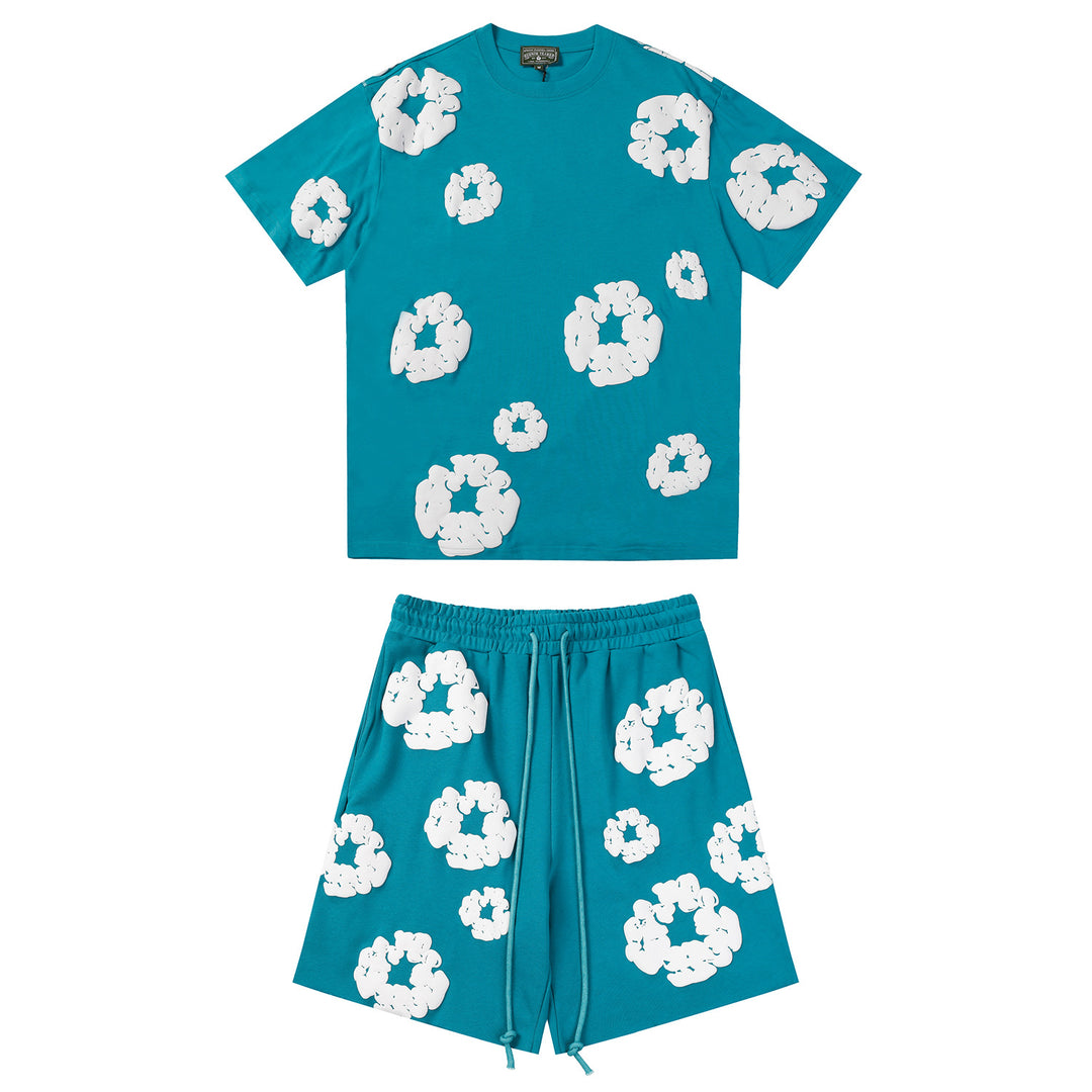 Foamed Kapok Flower Loose-Fitting Short-Sleeved Shorts