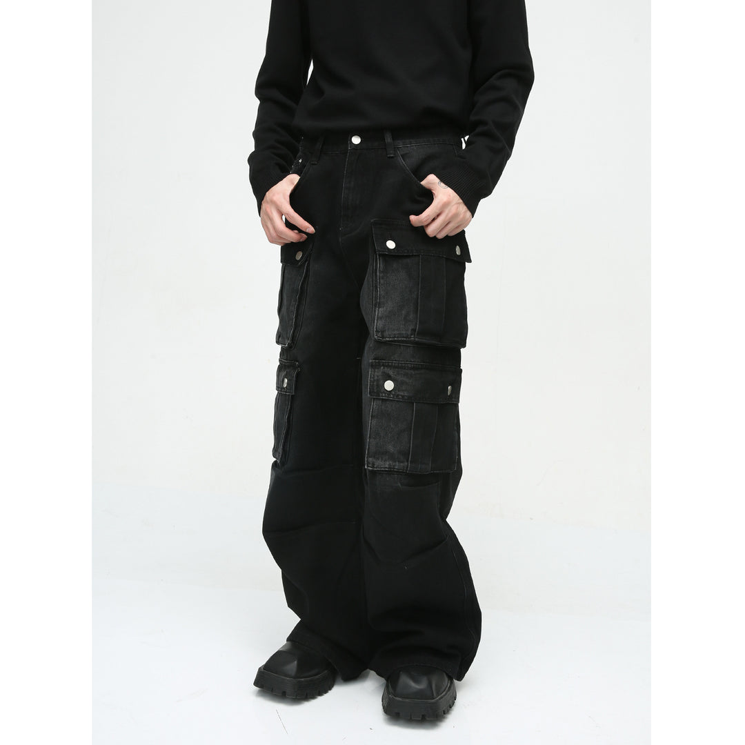 Heavy-Duty Retro Multi-Pocket Cargo-Style Wide-Leg Jeans