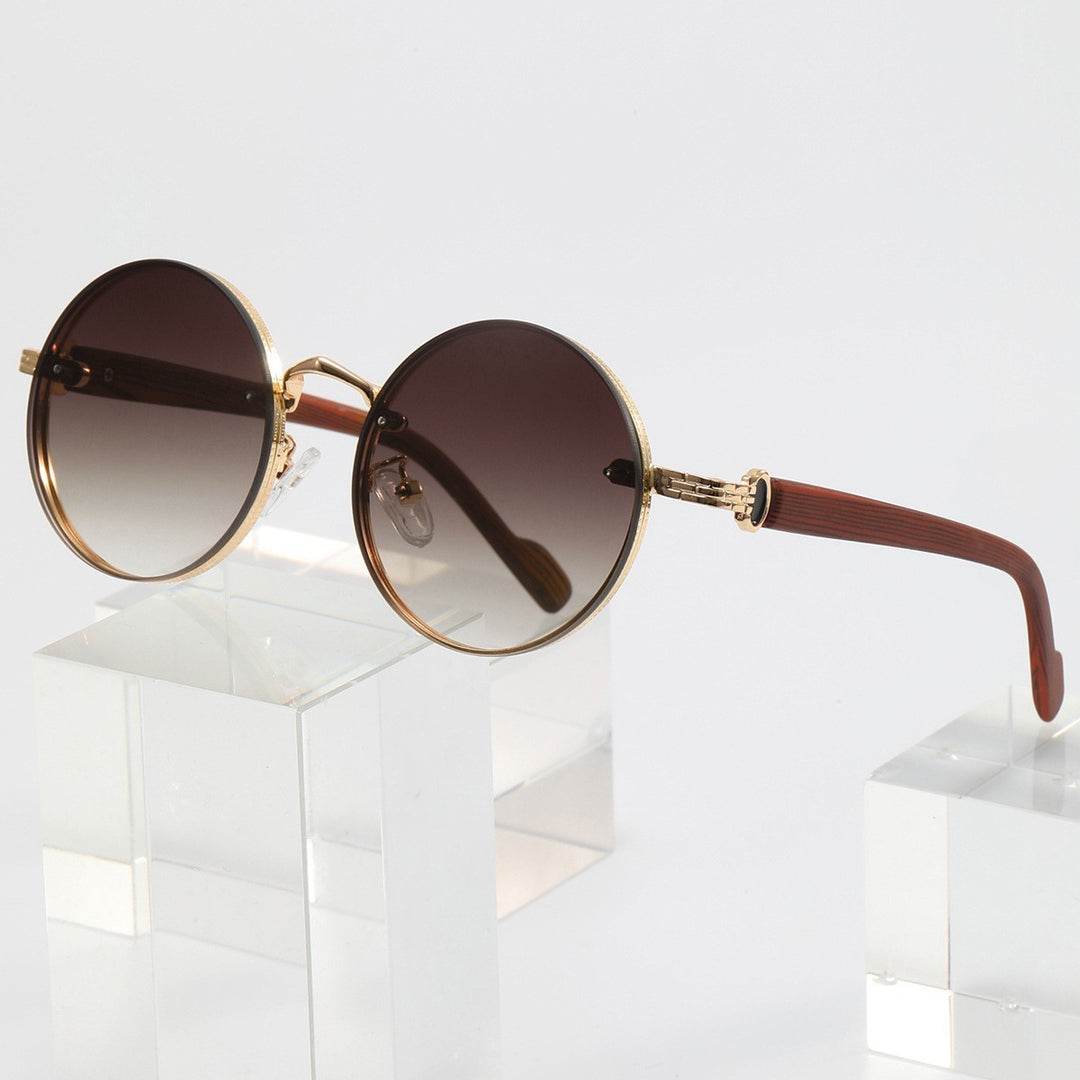Retro round punk metal sunglasses with wood grain temples