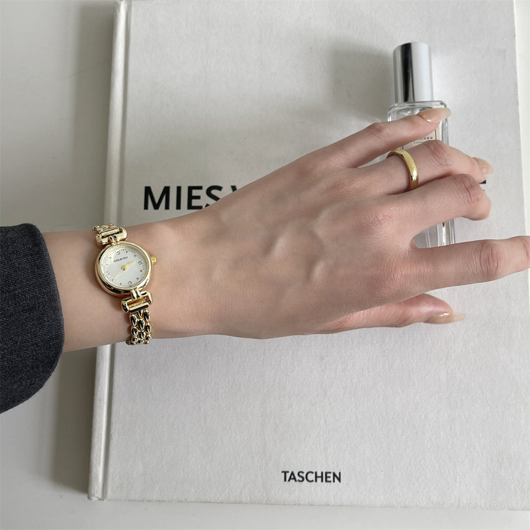 Round Dial Watch with Crystal Accents and Narrow Band
