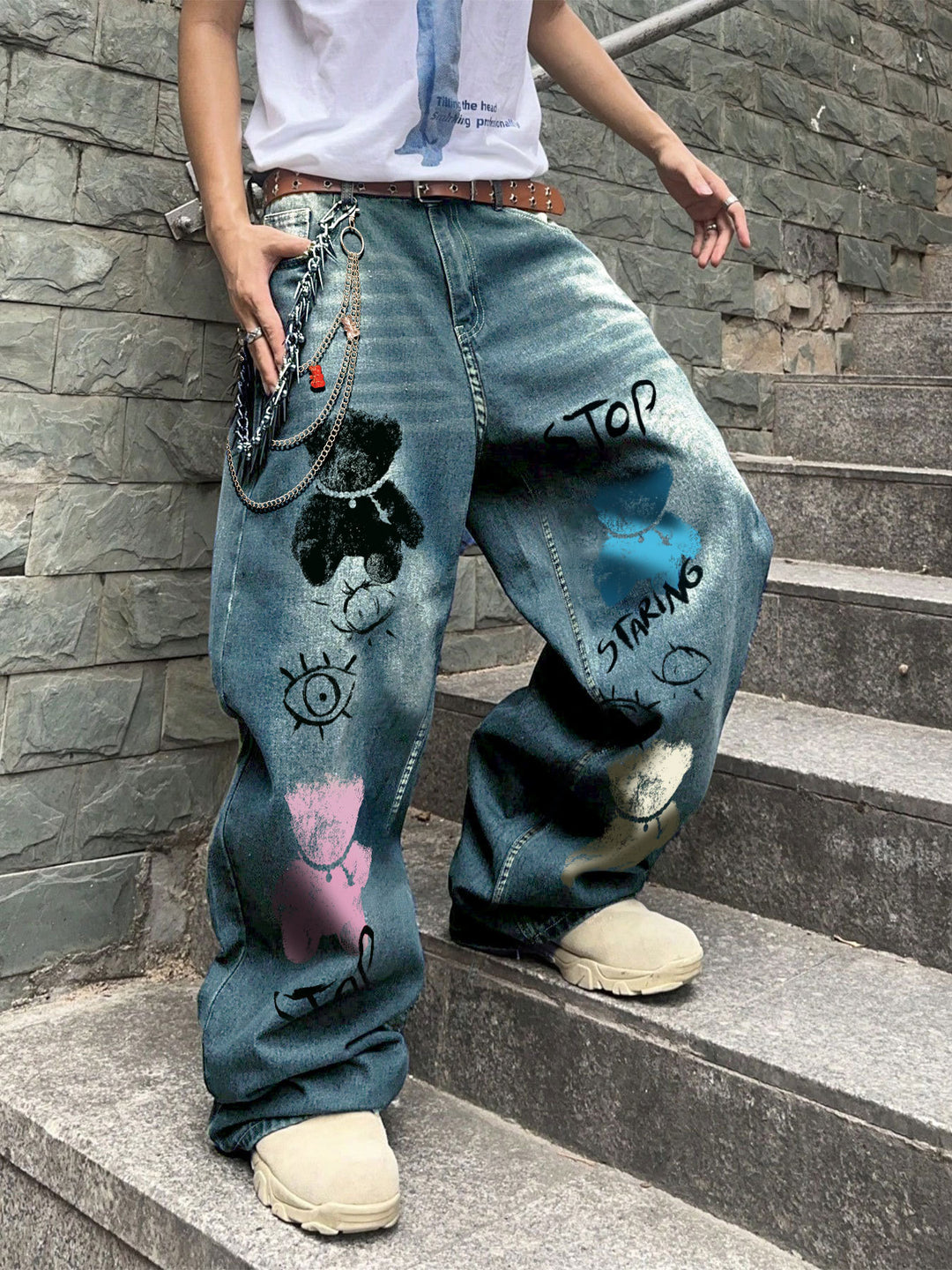 Wide-Leg Denim Jeans with Bear Eyes Print