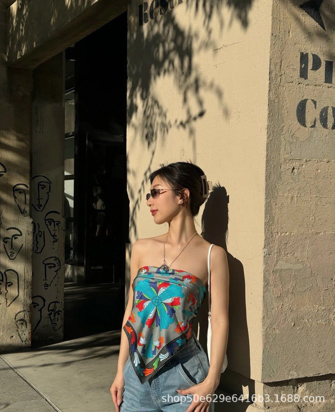 Chrome Hearts-Style All-Over Print Silk Bandeau Top