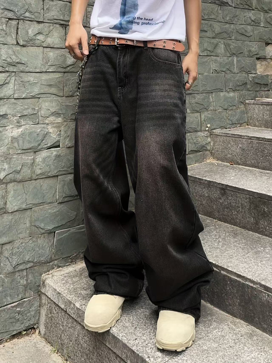 Washed Denim Jeans with a Loose Fit and Wide Legs