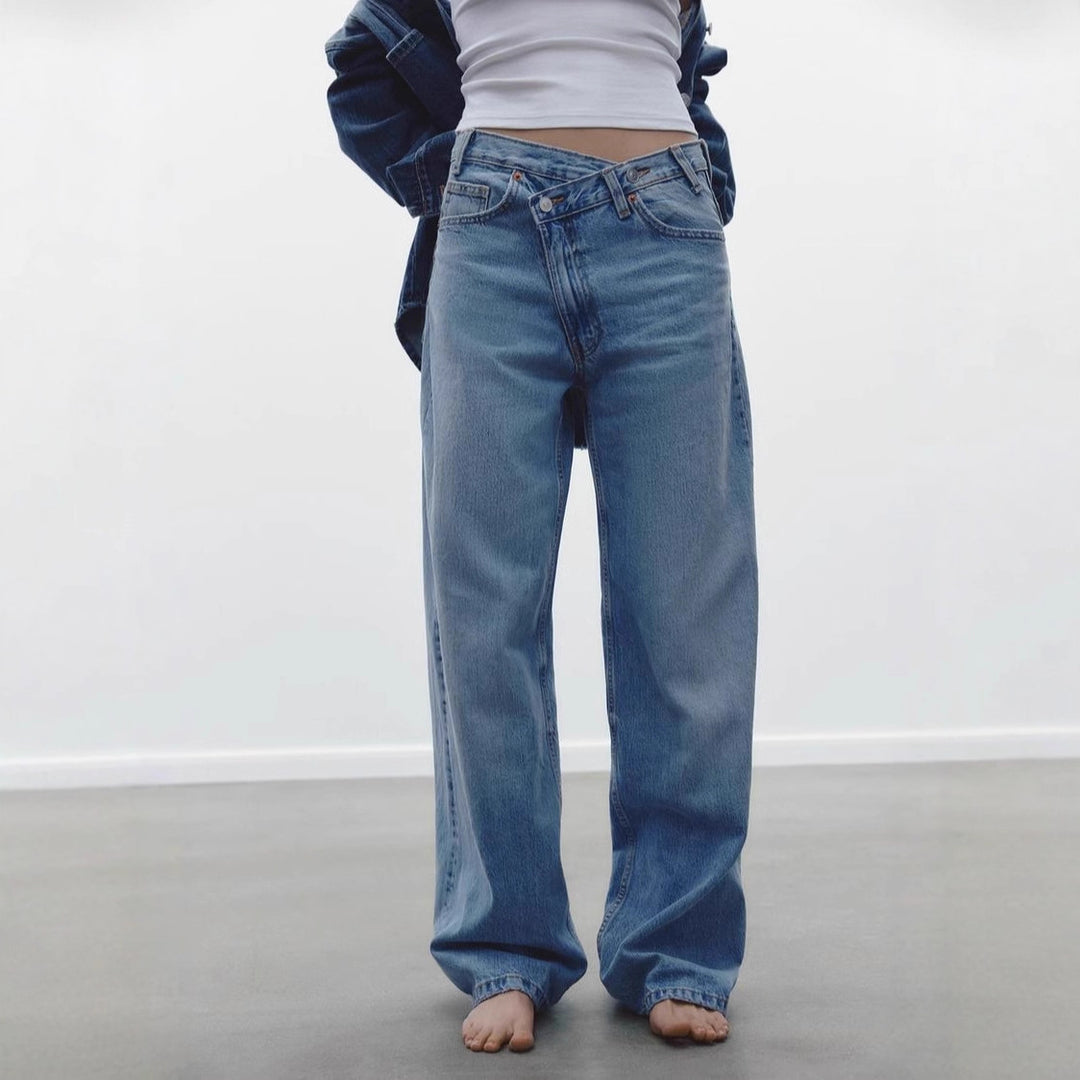 Y2K irregular design straight leg denim jeans for women