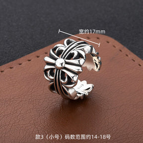 S925 sterling silver chrome hearts cross flower retro open ring