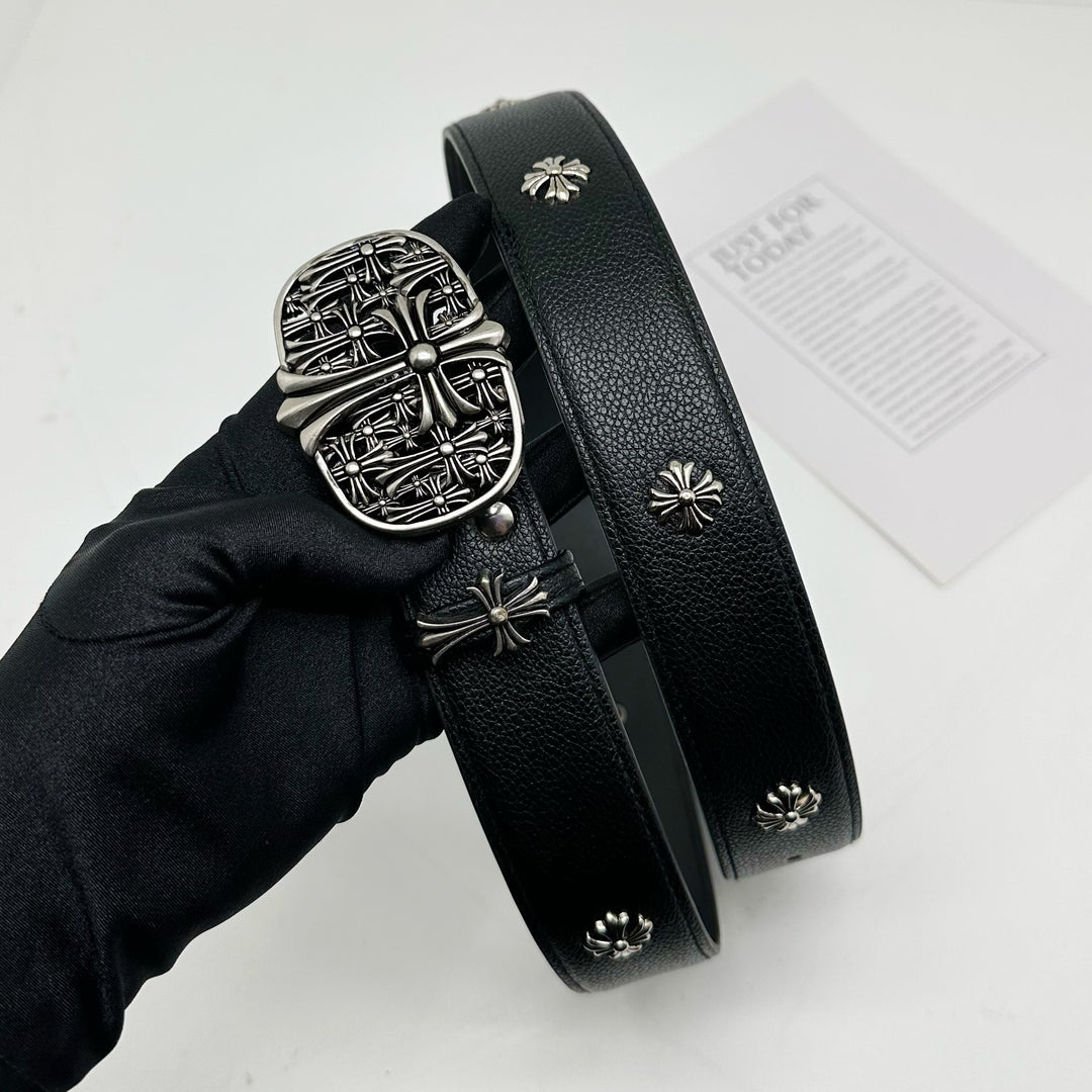 Chrome Hearts Cemetery Cross Classic PU Leather Belt with Rivets