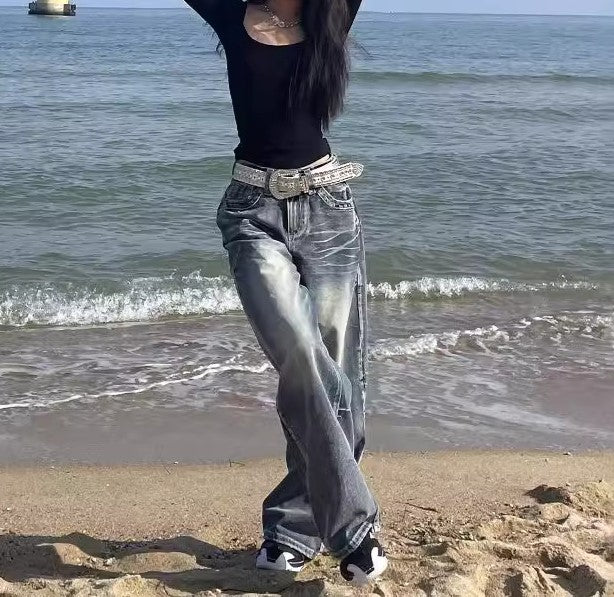 Washed High-Waisted Floor-Length Wide-Leg Jeans for Women