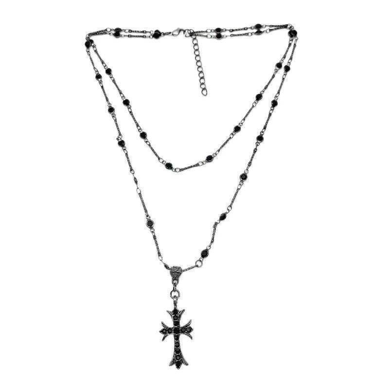 Dark zircon cross beaded necklace double layer neck chain