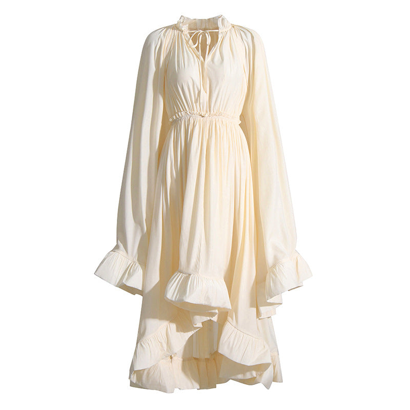 French Palace Style V-Neck Long Sleeve Shawl Pleated Ruffle Dress