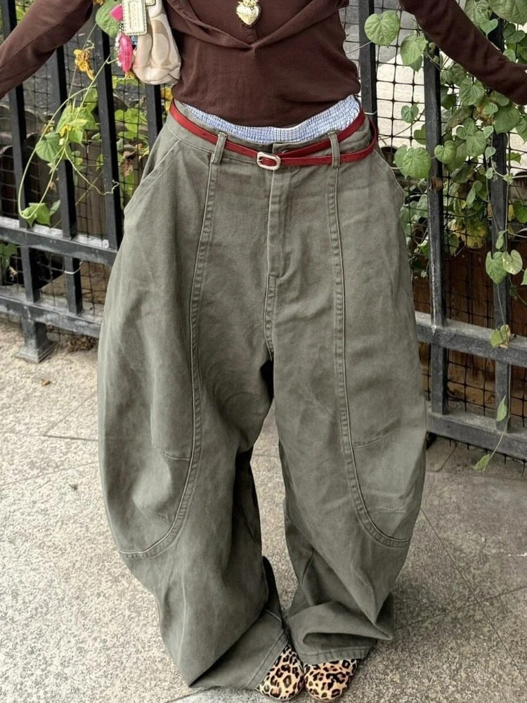 Y2K Plus Size Washed Curved Blade Wide-Leg Pants