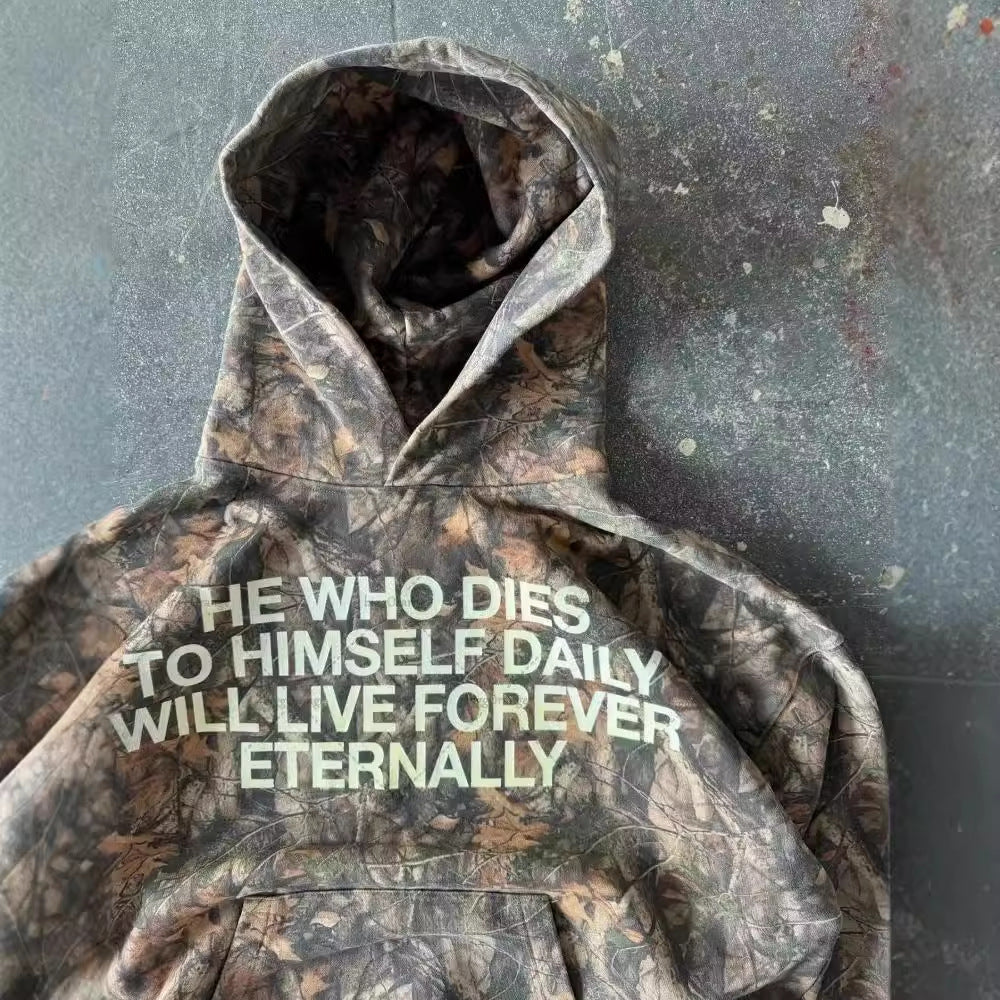 Camouflage letter print hooded pullover sweatshirt